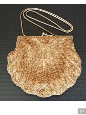 Elegant Vintage Gold Beaded Shell Evening Bag - Women